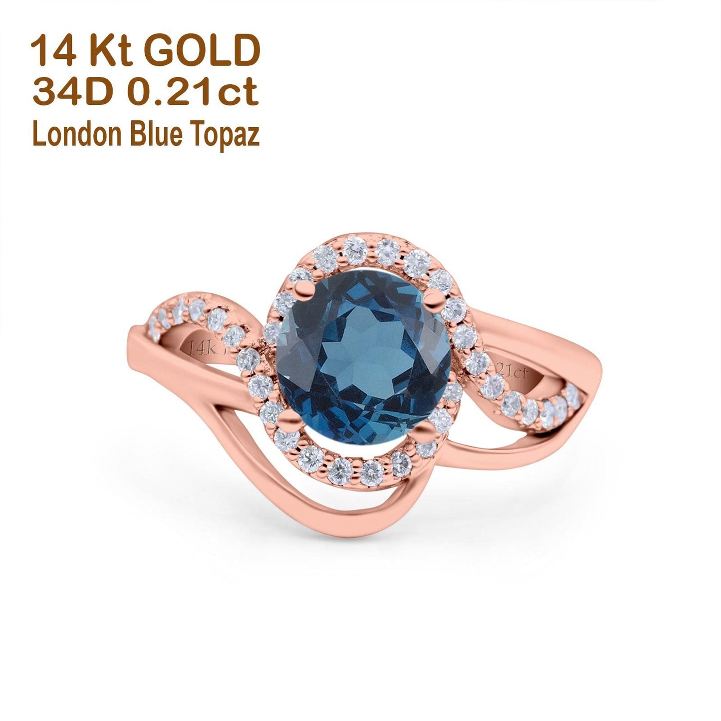 14K Rose Gold 1.49ct Art Deco Round 7mm G SI London Blue Topaz Diamond Engagement Wedding Ring Size 6.5