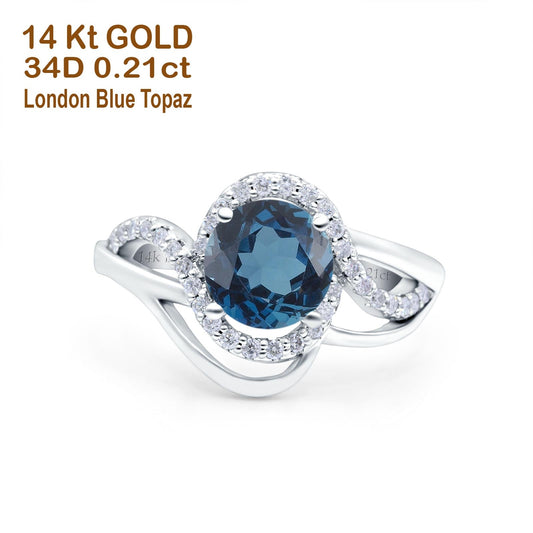 14K White Gold 1.49ct Art Deco Round 7mm G SI London Blue Topaz Diamond Engagement Wedding Ring Size 6.5