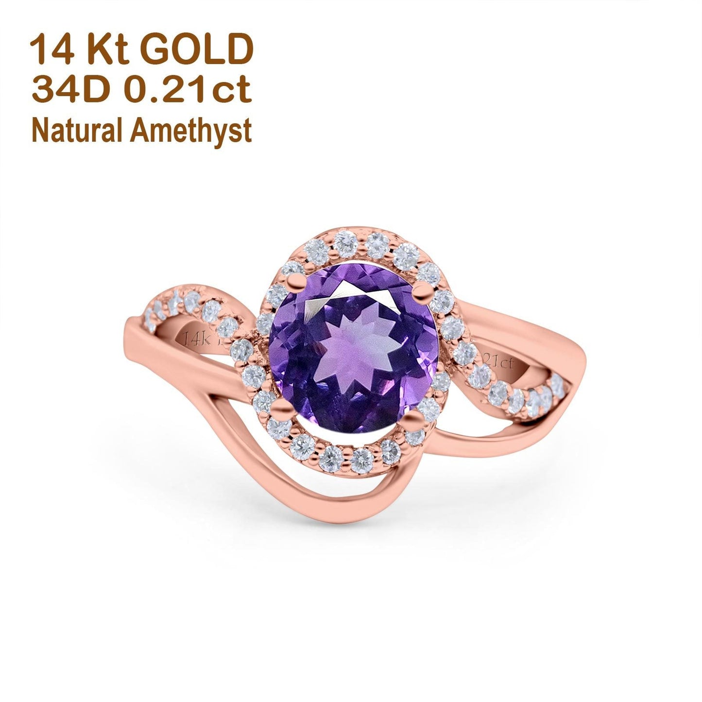 14K Rose Gold 1.49ct Art Deco Round 7mm G SI Natural Amethyst Diamond Engagement Wedding Ring Size 6.5