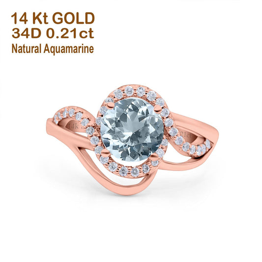 14K Rose Gold 1.49ct Art Deco Round 7mm G SI Natural Aquamarine Diamond Engagement Wedding Ring Size 6.5