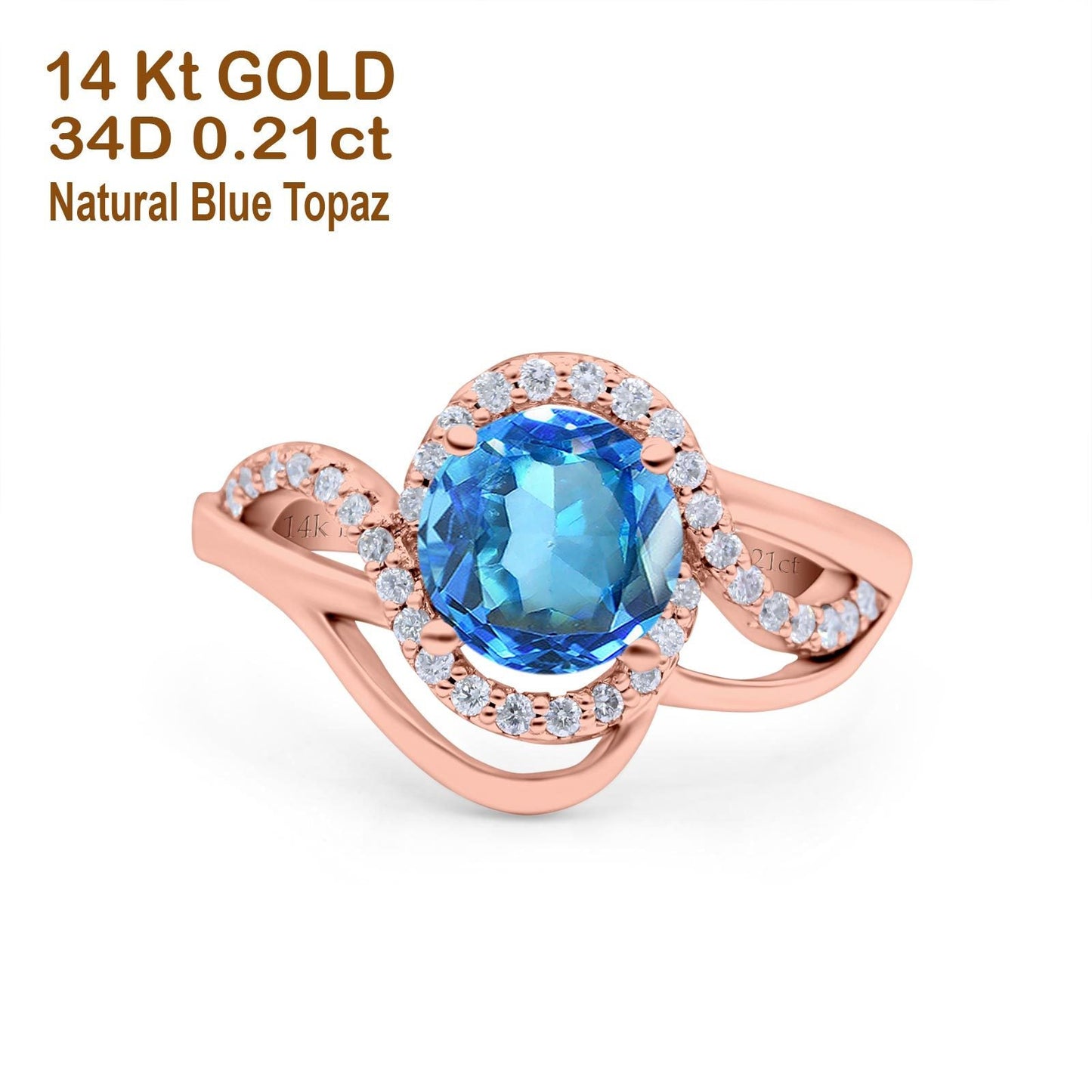 14K Rose Gold 1.49ct Art Deco Round 7mm G SI Natural Blue Topaz Diamond Engagement Wedding Ring Size 6.5