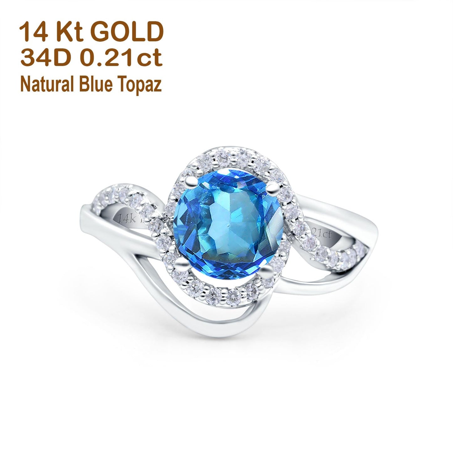 14K White Gold 1.49ct Art Deco Round 7mm G SI Natural Blue Topaz Diamond Engagement Wedding Ring Size 6.5