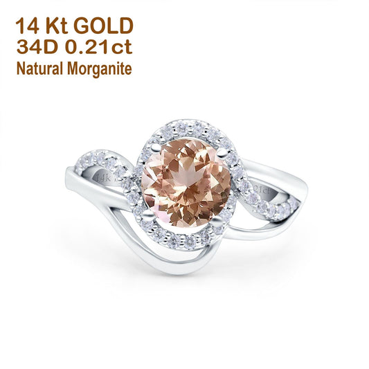 14K White Gold 1.49ct Art Deco Round 7mm G SI Natural Morganite Diamond Engagement Wedding Ring Size 6.5