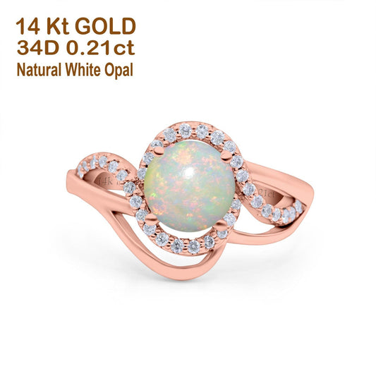 14K Rose Gold 0.21ct Art Deco Round 7mm G SI Natural White Opal Diamond Engagement Wedding Ring Size 6.5