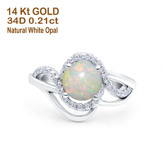 14K White Gold 0.21ct Art Deco Round 7mm G SI Natural White Opal Diamond Engagement Wedding Ring Size 6.5