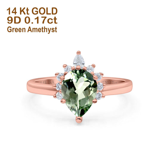 14K Rose Gold 1.5ct Teardrop Art Deco Pear 9mmx6mm G SI Natural Green Amethyst Diamond Engagement Wedding Ring Size 6.5