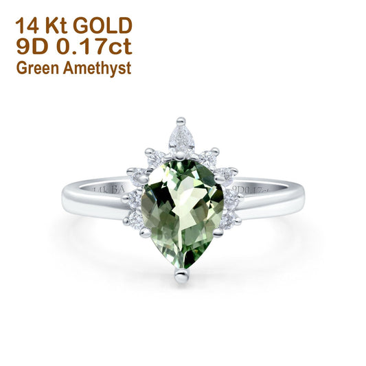 14K White Gold 1.5ct Teardrop Art Deco Pear 9mmx6mm G SI Natural Green Amethyst Diamond Engagement Wedding Ring Size 6.5