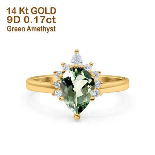 14K Yellow Gold 1.5ct Teardrop Art Deco Pear 9mmx6mm G SI Natural Green Amethyst Diamond Engagement Wedding Ring Size 6.5