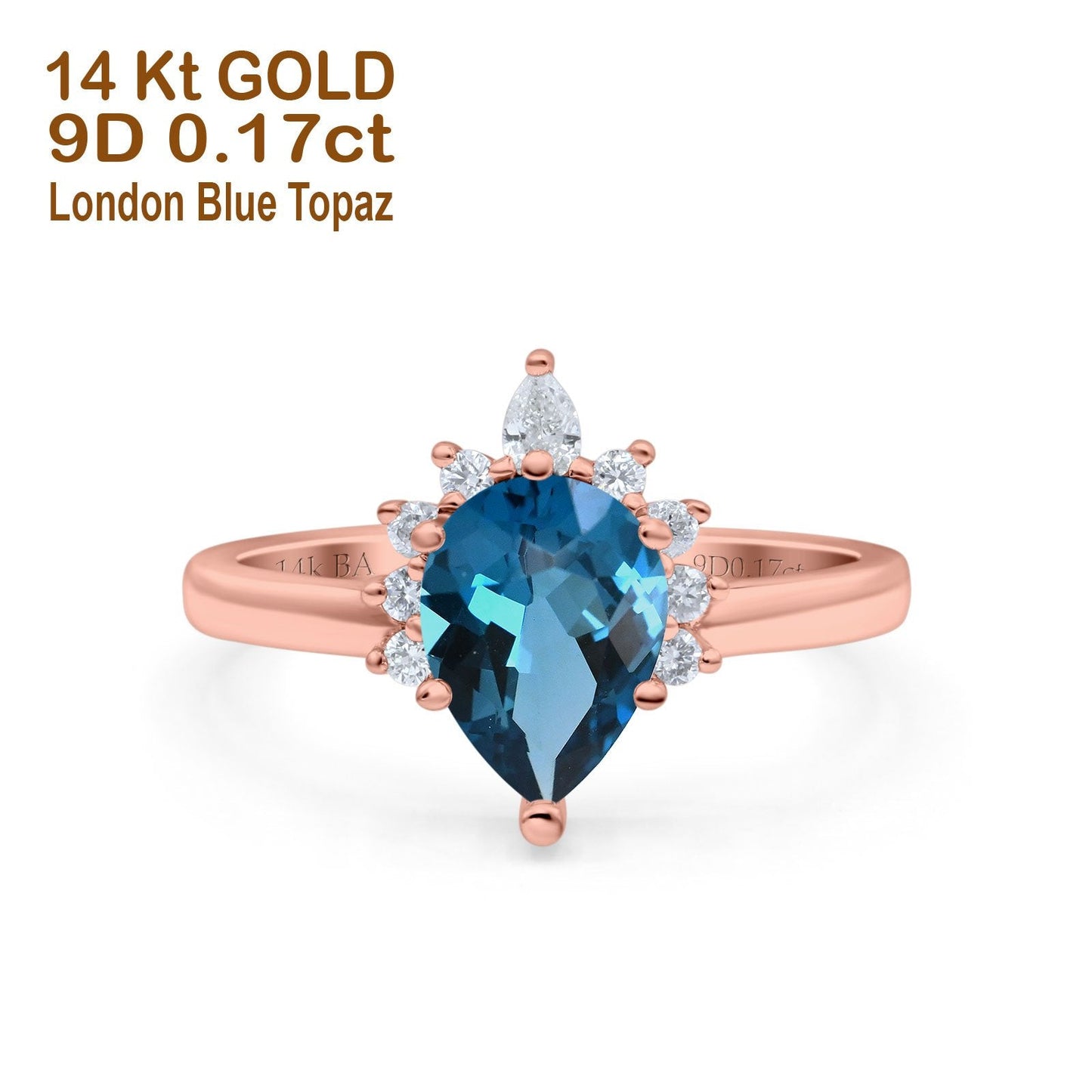 14K Rose Gold 1.5ct Teardrop Art Deco Pear 9mmx6mm G SI London Blue Topaz Diamond Engagement Wedding Ring Size 6.5