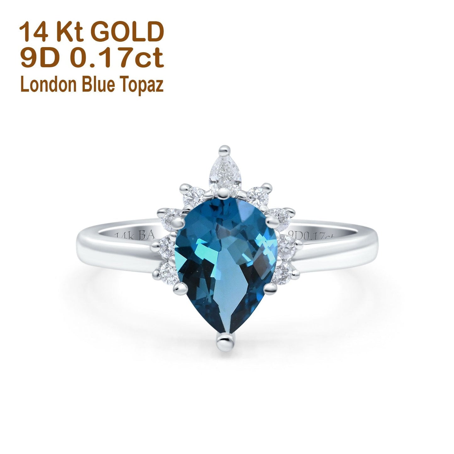 14K White Gold 1.5ct Teardrop Art Deco Pear 9mmx6mm G SI London Blue Topaz Diamond Engagement Wedding Ring Size 6.5