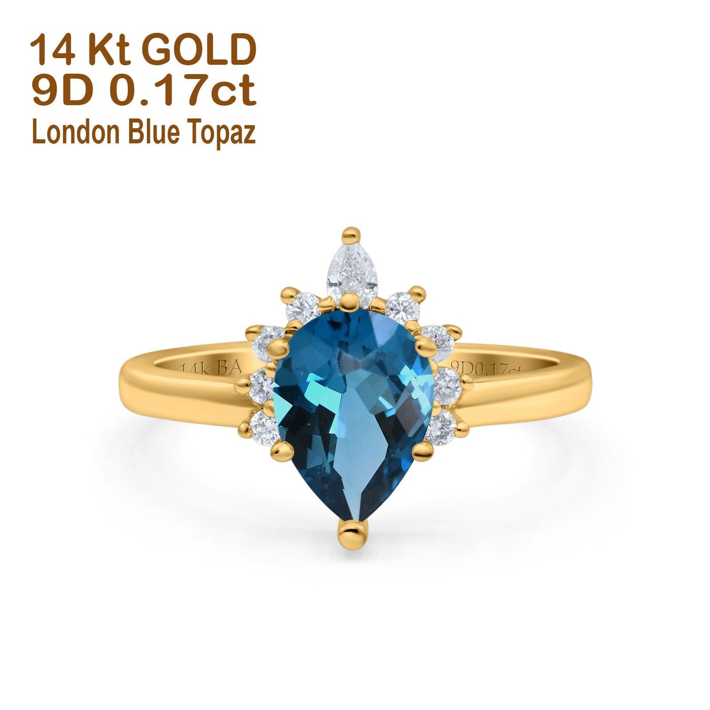 14K Yellow Gold 1.5ct Teardrop Art Deco Pear 9mmx6mm G SI London Blue Topaz Diamond Engagement Wedding Ring Size 6.5