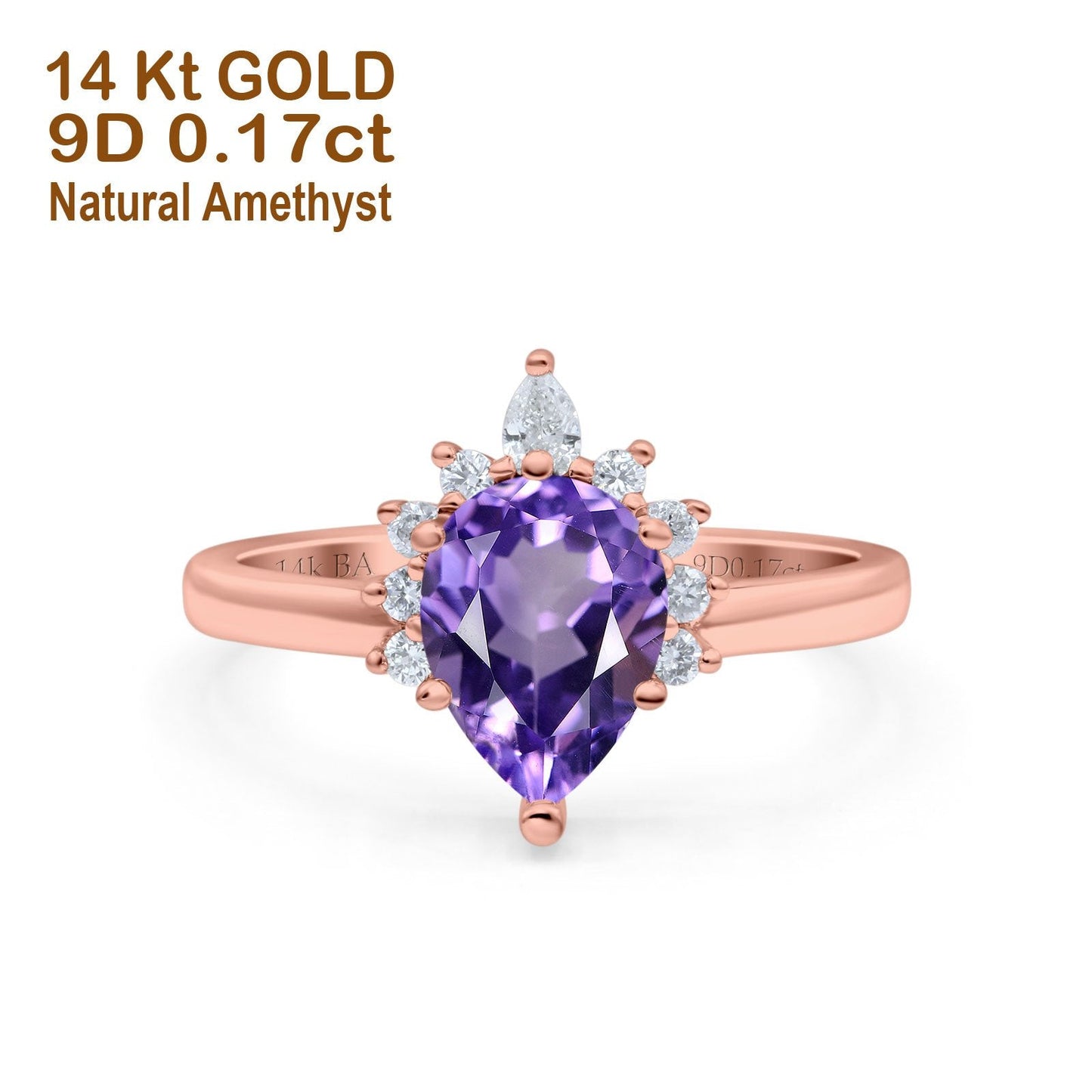 14K Rose Gold 1.5ct Teardrop Art Deco Pear 9mmx6mm G SI Natural Amethyst Diamond Engagement Wedding Ring Size 6.5