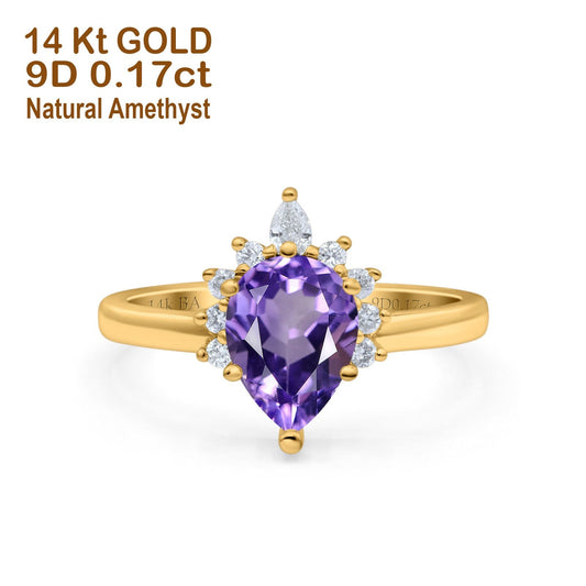 14K Yellow Gold 1.5ct Teardrop Art Deco Pear 9mmx6mm G SI Natural Amethyst Diamond Engagement Wedding Ring Size 6.5