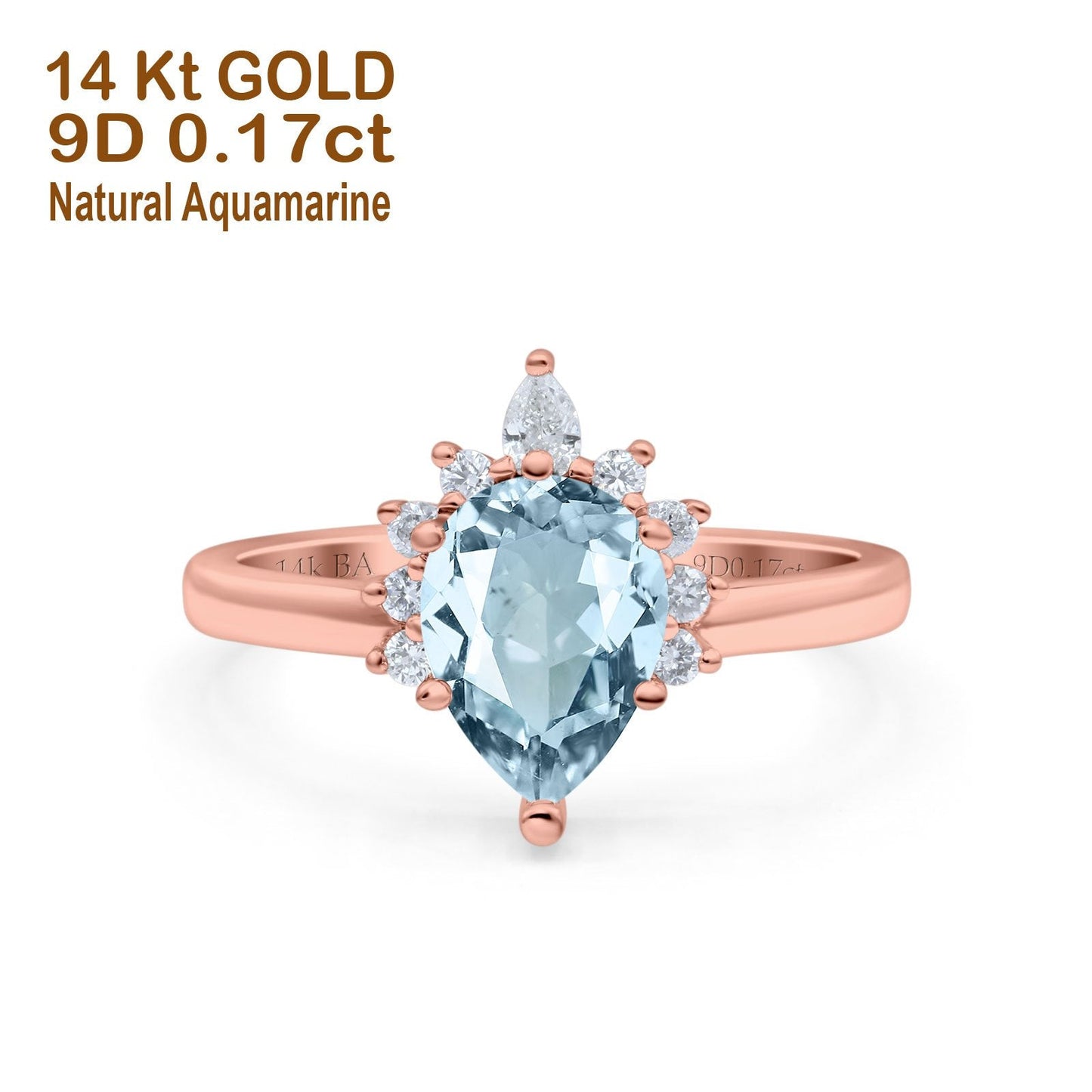 14K Rose Gold 1.5ct Teardrop Art Deco Pear 9mmx6mm G SI Natural Aquamarine Diamond Engagement Wedding Ring Size 6.5