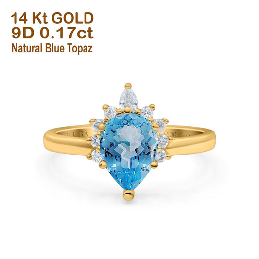 14K Yellow Gold 1.5ct Teardrop Art Deco Pear 9mmx6mm G SI Natural Blue Topaz Diamond Engagement Wedding Ring Size 6.5