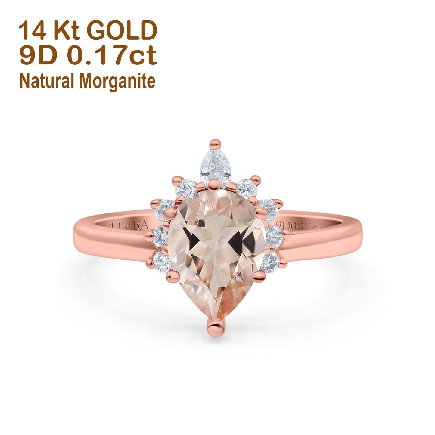 14K Rose Gold 1.5ct Teardrop Art Deco Pear 9mmx6mm G SI Natural Morganite Diamond Engagement Wedding Ring Size 6.5