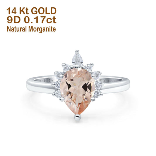 14K White Gold 1.5ct Teardrop Art Deco Pear 9mmx6mm G SI Natural Morganite Diamond Engagement Wedding Ring Size 6.5