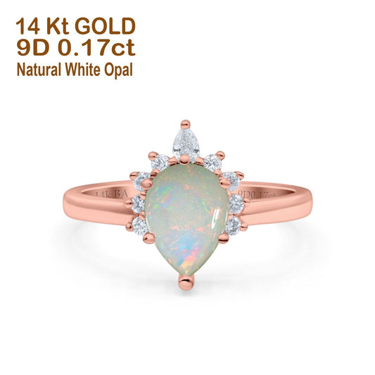 14K Rose Gold 0.17ct Teardrop Art Deco Pear 9mmx6mm G SI Natural White Opal Diamond Engagement Wedding Ring Size 6.5