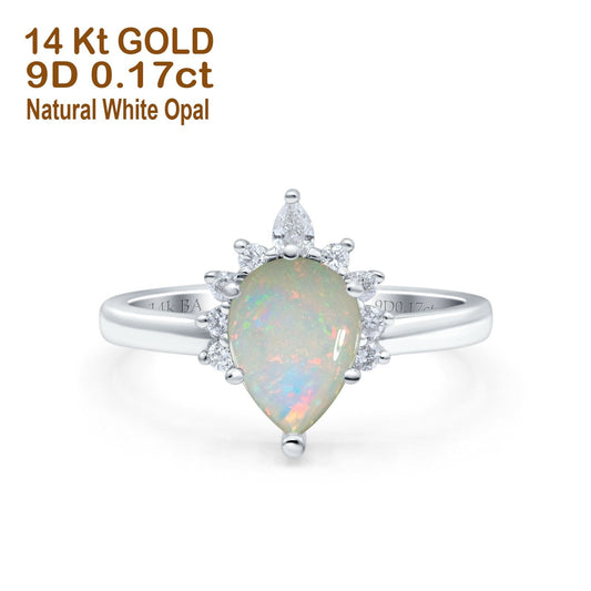 14K White Gold 0.17ct Teardrop Art Deco Pear 9mmx6mm G SI Natural White Opal Diamond Engagement Wedding Ring Size 6.5