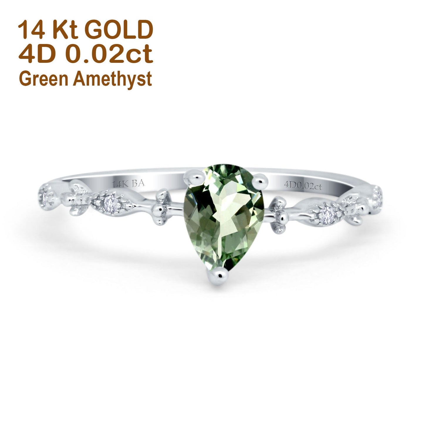 14K White Gold 0.73ct Teardrop Pear 7mmx5mm G SI Natural Green Amethyst Diamond Engagement Wedding Ring Size 6.5