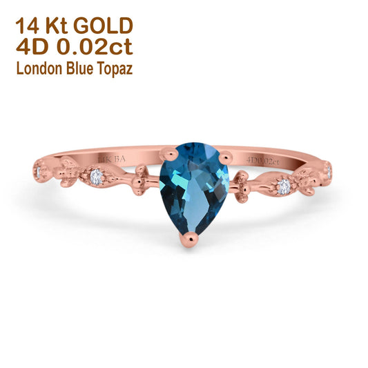 14K Rose Gold 0.73ct Teardrop Pear 7mmx5mm G SI London Blue Topaz Diamond Engagement Wedding Ring Size 6.5