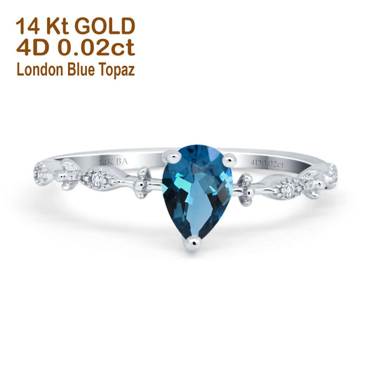 14K White Gold 0.73ct Teardrop Pear 7mmx5mm G SI London Blue Topaz Diamond Engagement Wedding Ring Size 6.5