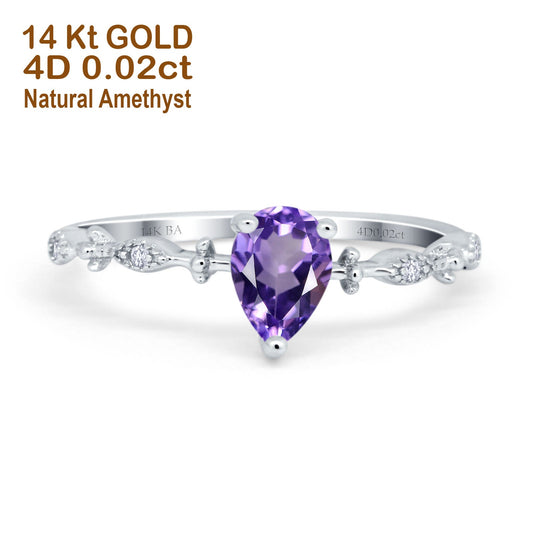 14K White Gold 0.73ct Teardrop Pear 7mmx5mm G SI Natural Amethyst Diamond Engagement Wedding Ring Size 6.5