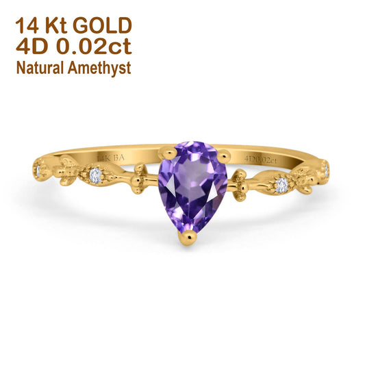 14K Yellow Gold 0.73ct Teardrop Pear 7mmx5mm G SI Natural Amethyst Diamond Engagement Wedding Ring Size 6.5