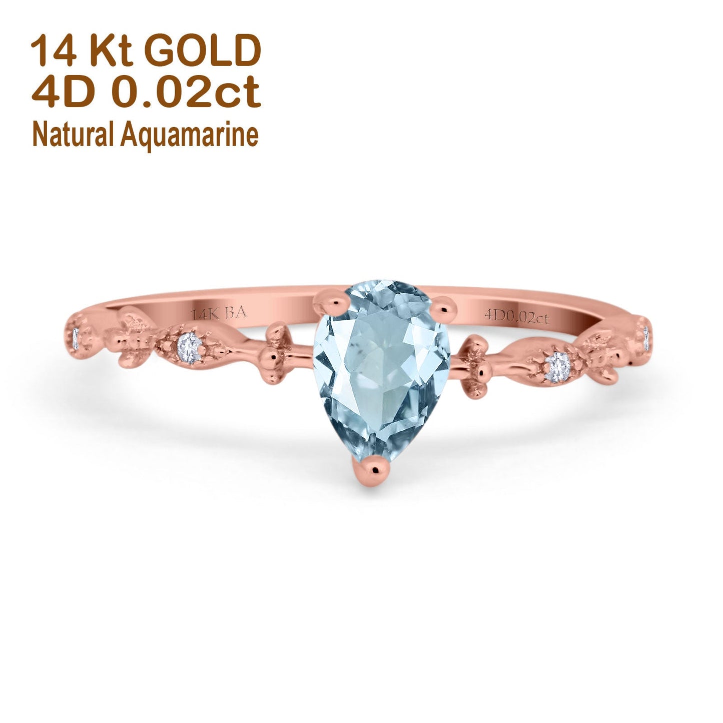 14K Rose Gold 0.73ct Teardrop Pear 7mmx5mm G SI Natural Aquamarine Diamond Engagement Wedding Ring Size 6.5