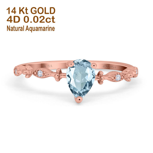 14K Rose Gold 0.73ct Teardrop Pear 7mmx5mm G SI Natural Aquamarine Diamond Engagement Wedding Ring Size 6.5