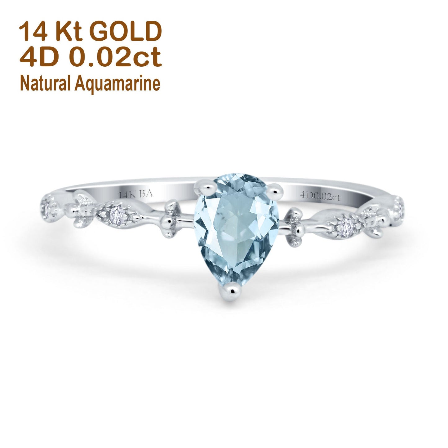 14K White Gold 0.73ct Teardrop Pear 7mmx5mm G SI Natural Aquamarine Diamond Engagement Wedding Ring Size 6.5