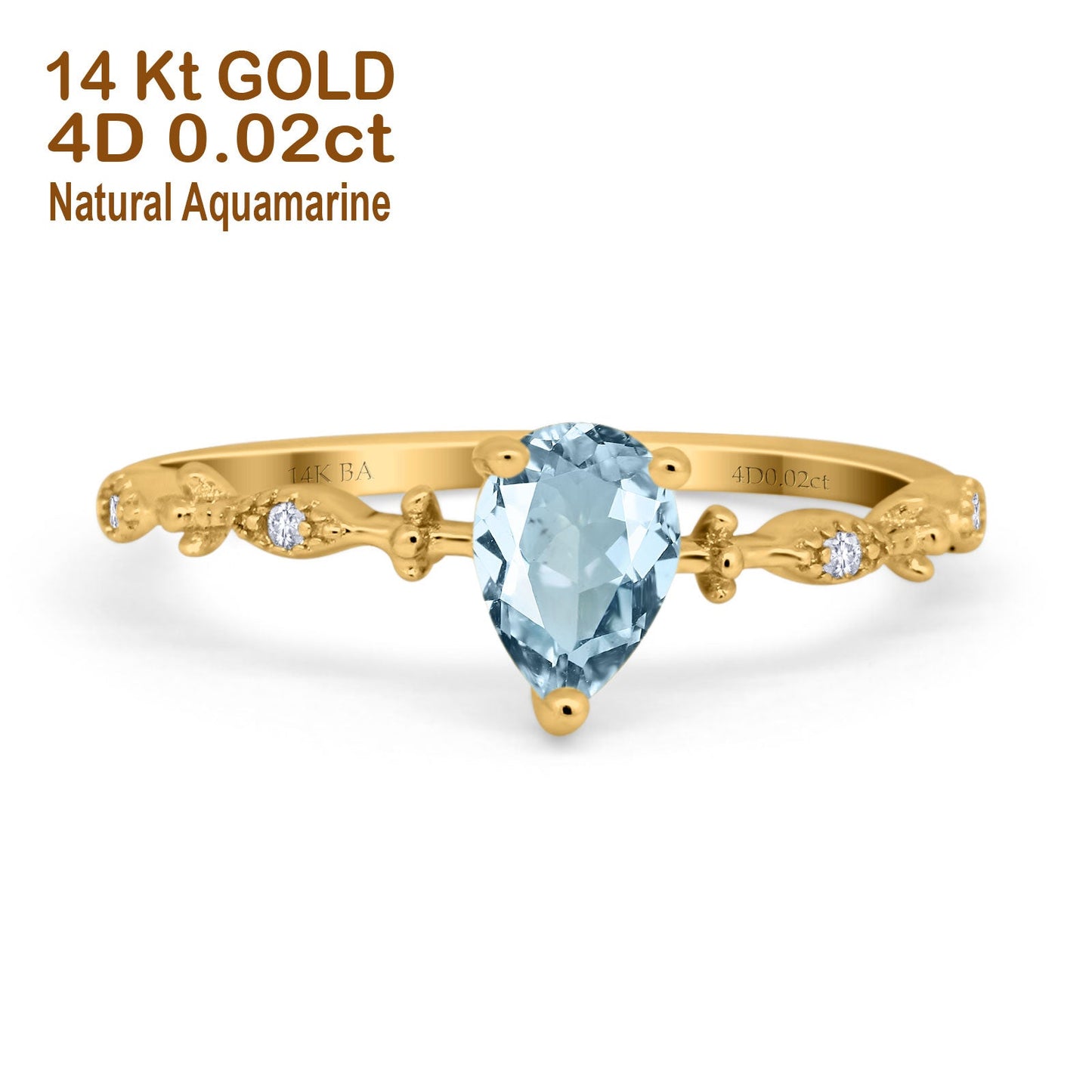 14K Yellow Gold 0.73ct Teardrop Pear 7mmx5mm G SI Natural Aquamarine Diamond Engagement Wedding Ring Size 6.5