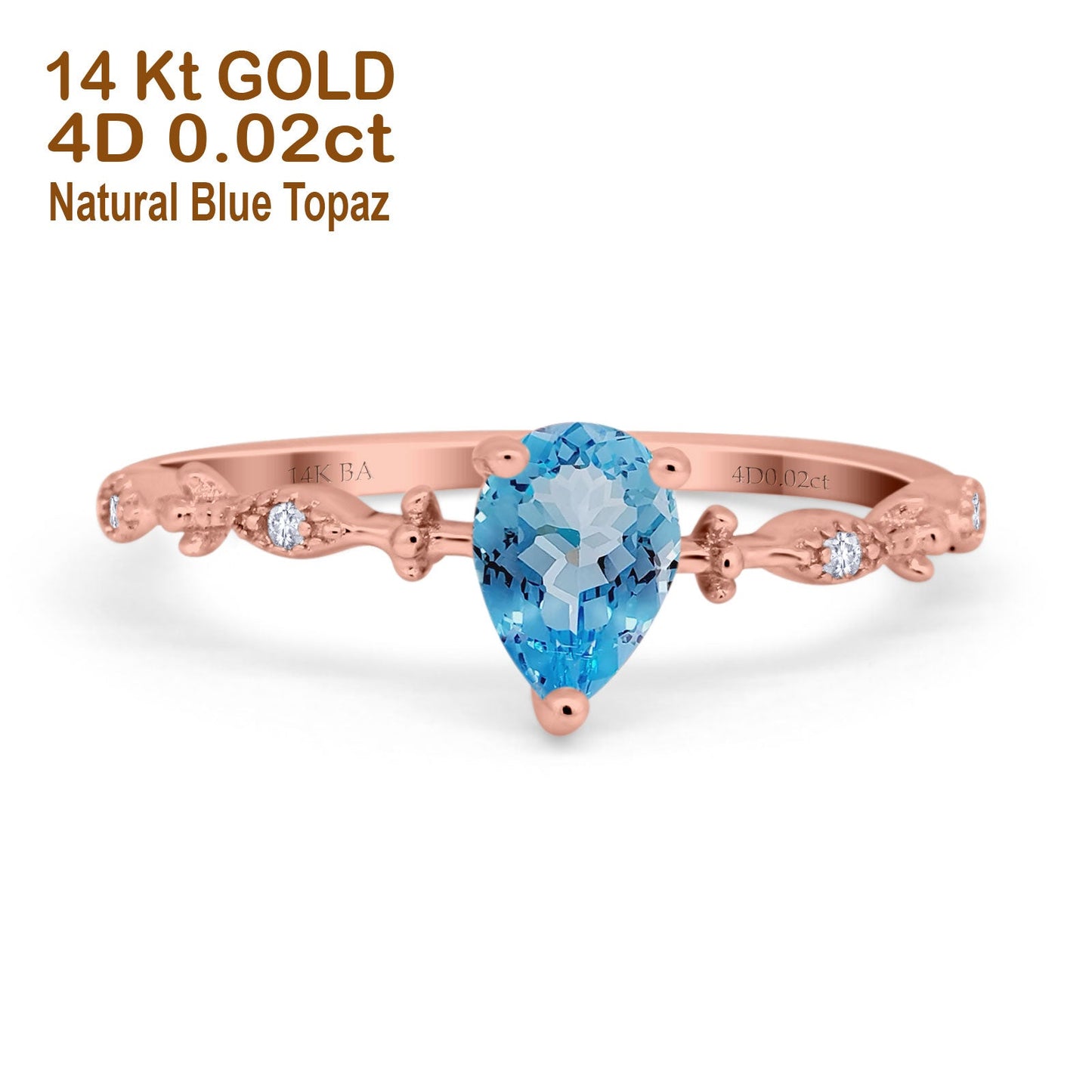 14K Rose Gold 0.73ct Teardrop Pear 7mmx5mm G SI Natural Blue Topaz Diamond Engagement Wedding Ring Size 6.5