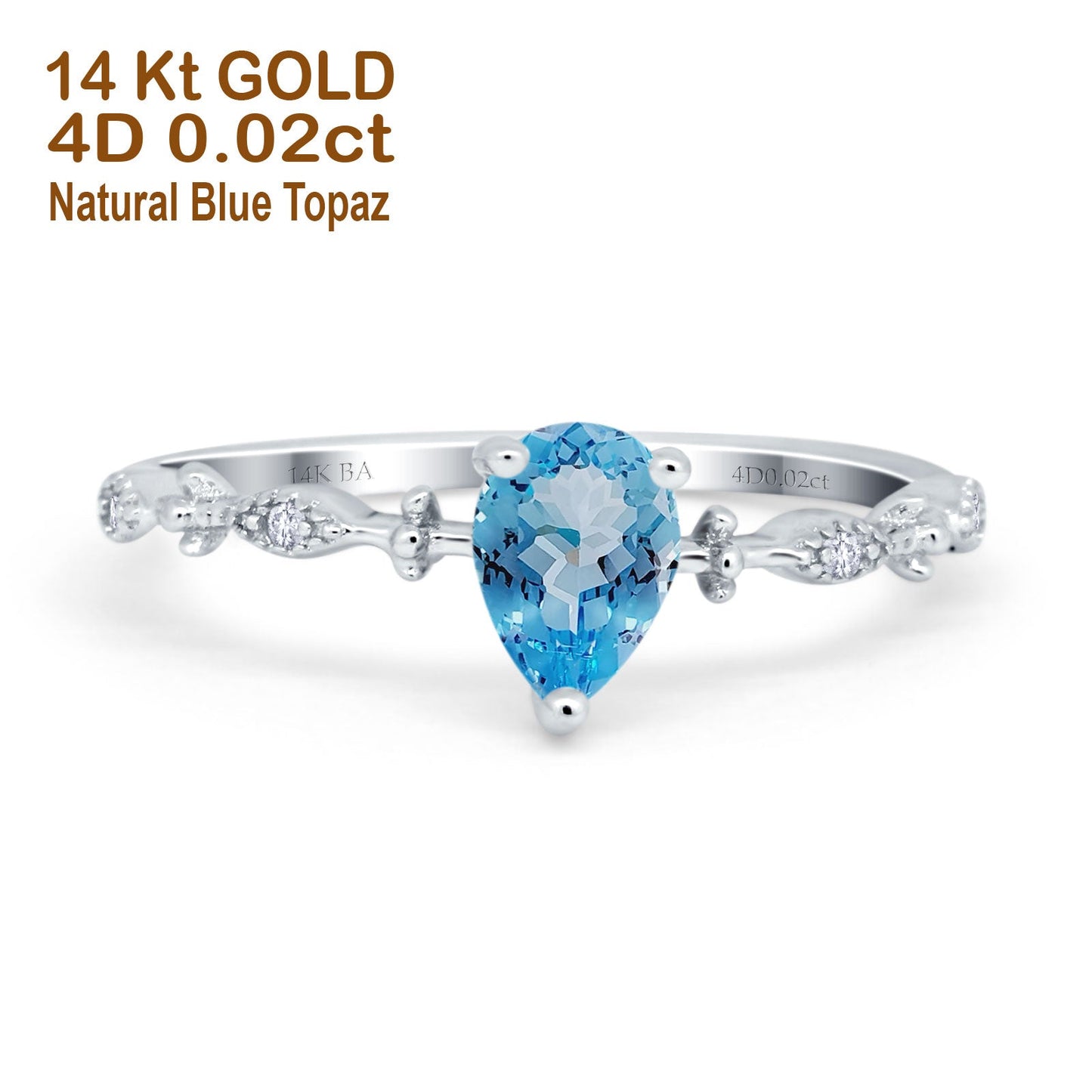 14K White Gold 0.73ct Teardrop Pear 7mmx5mm G SI Natural Blue Topaz Diamond Engagement Wedding Ring Size 6.5