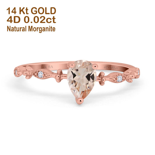 14K Rose Gold 0.73ct Teardrop Pear 7mmx5mm G SI Natural Morganite Diamond Engagement Wedding Ring Size 6.5