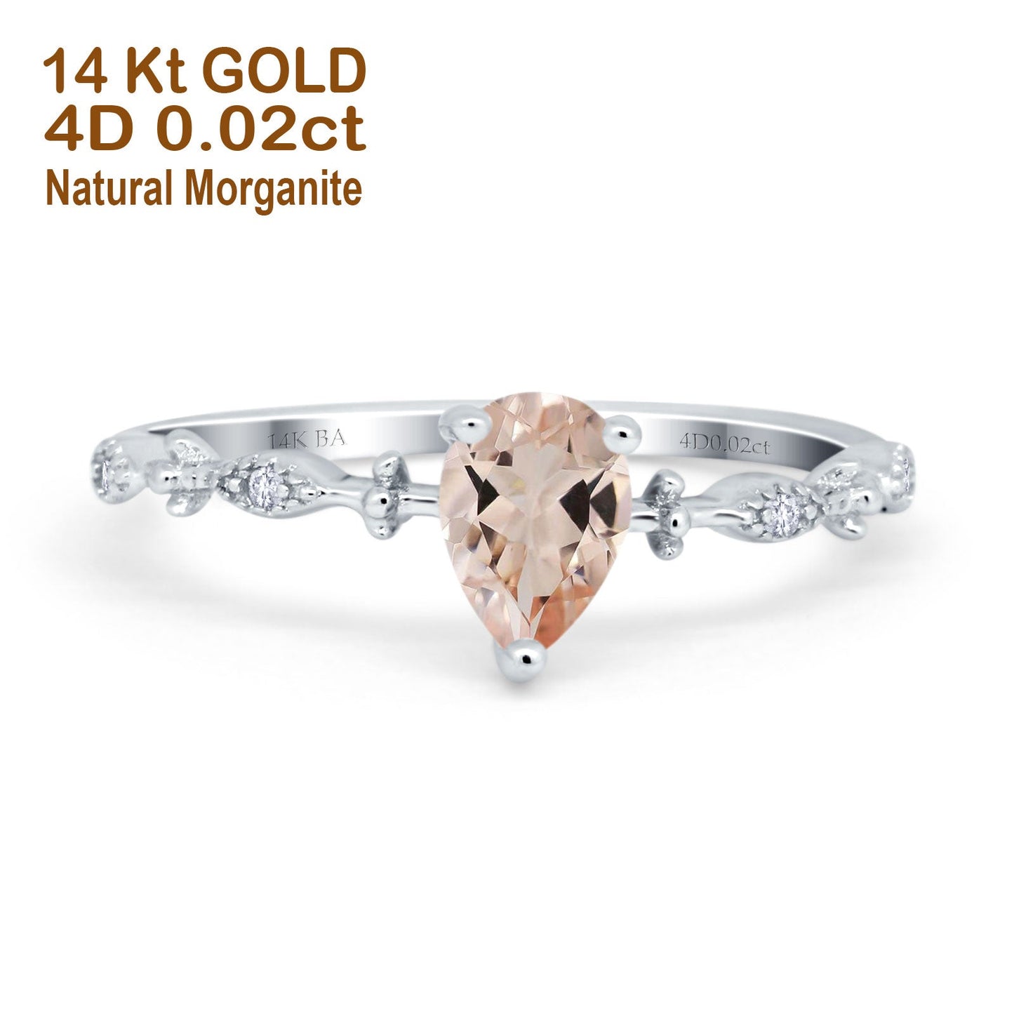 14K White Gold 0.73ct Teardrop Pear 7mmx5mm G SI Natural Morganite Diamond Engagement Wedding Ring Size 6.5