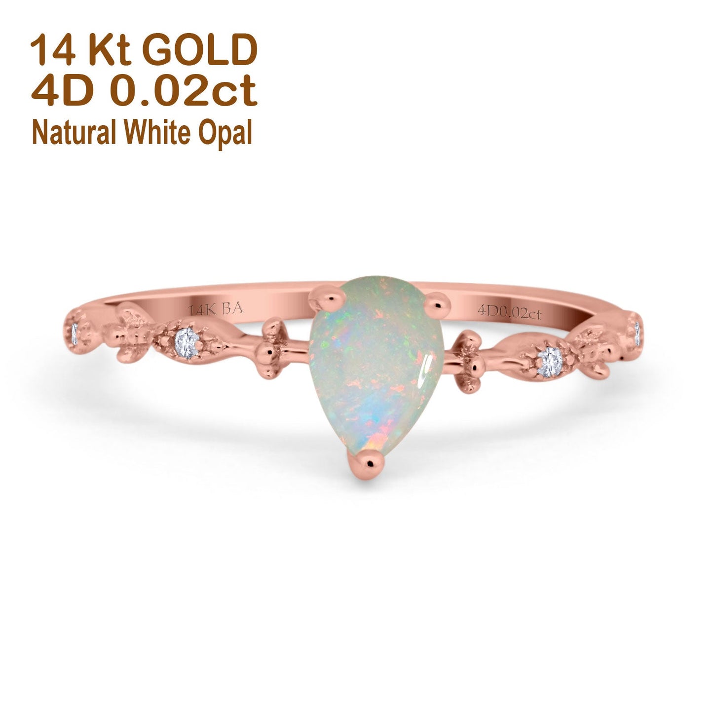 14K Rose Gold 0.02ct Teardrop Pear 7mmx5mm G SI Natural White Opal Diamond Engagement Wedding Ring Size 6.5