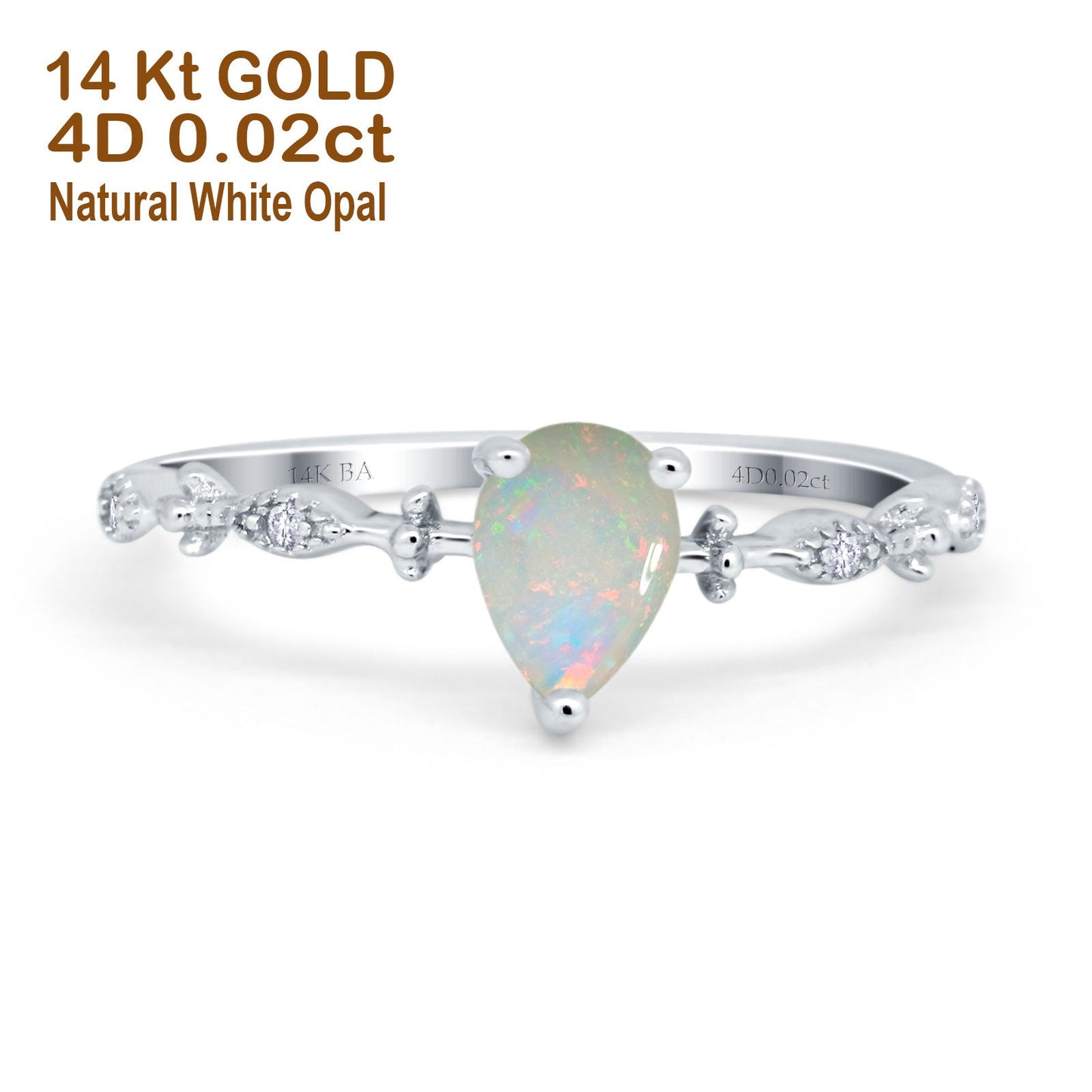 14K White Gold 0.02ct Teardrop Pear 7mmx5mm G SI Natural White Opal Diamond Engagement Wedding Ring Size 6.5