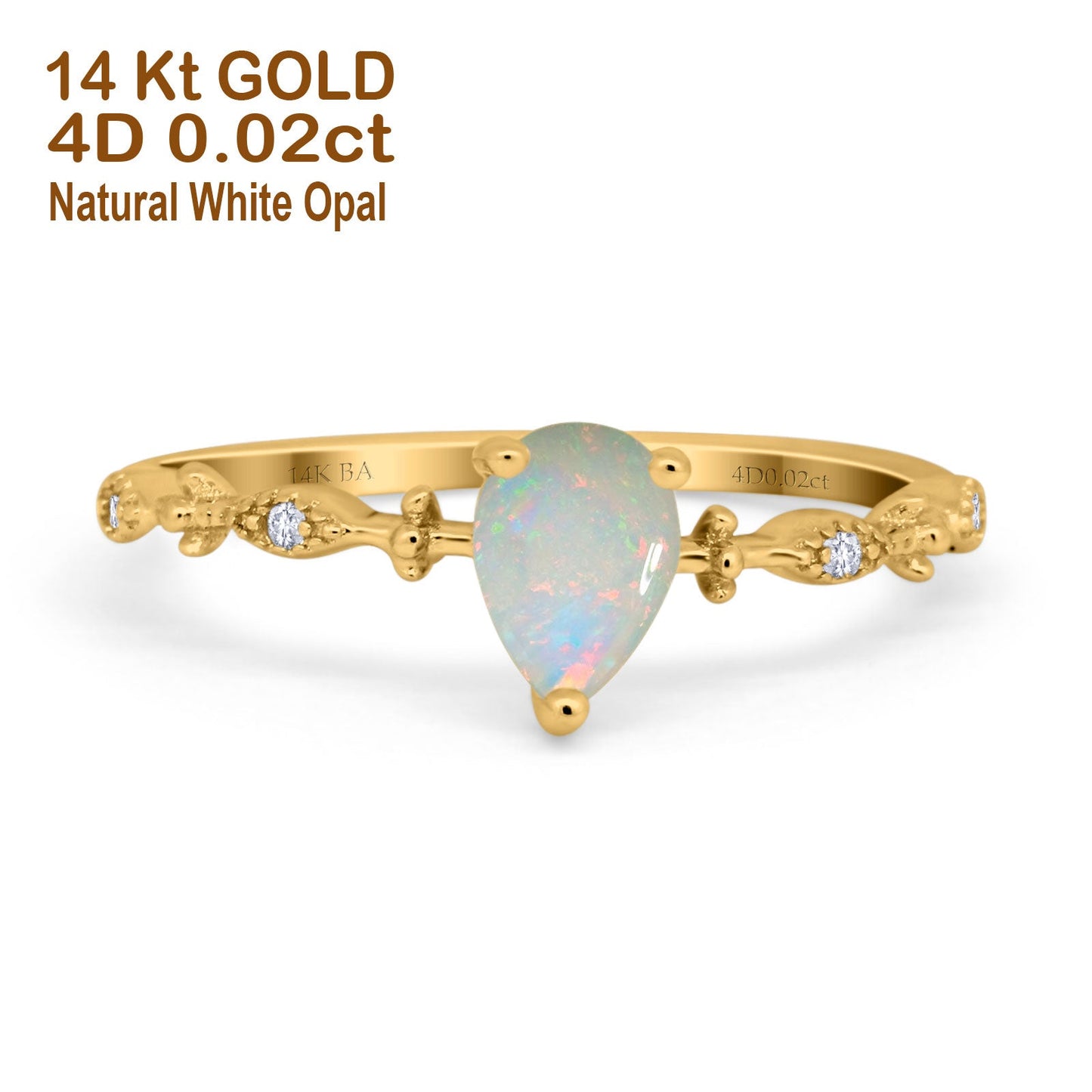 14K Yellow Gold 0.02ct Teardrop Pear 7mmx5mm G SI Natural White Opal Diamond Engagement Wedding Ring Size 6.5