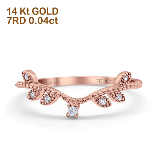 14K Rose Gold 0.04ct Round 4mm G SI Art Deco V Design Half Eternity Diamond Bands Engagement Wedding Ring Size 6.5