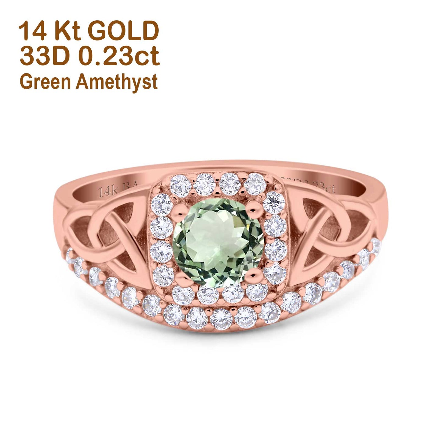 14K Rose Gold 0.69ct Round Art Deco 5mm G SI Natural Green Amethyst Diamond Engagement Wedding Ring Size 6.5