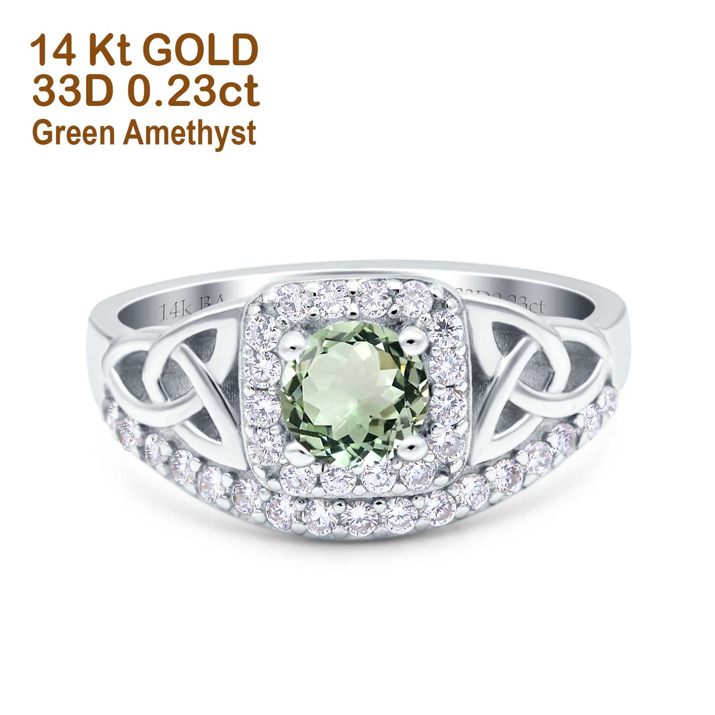 Bague de fiançailles en or blanc 14 carats 0,69 ct Art déco ronde 5 mm G SI avec améthyste verte naturelle et diamant taille 6,5