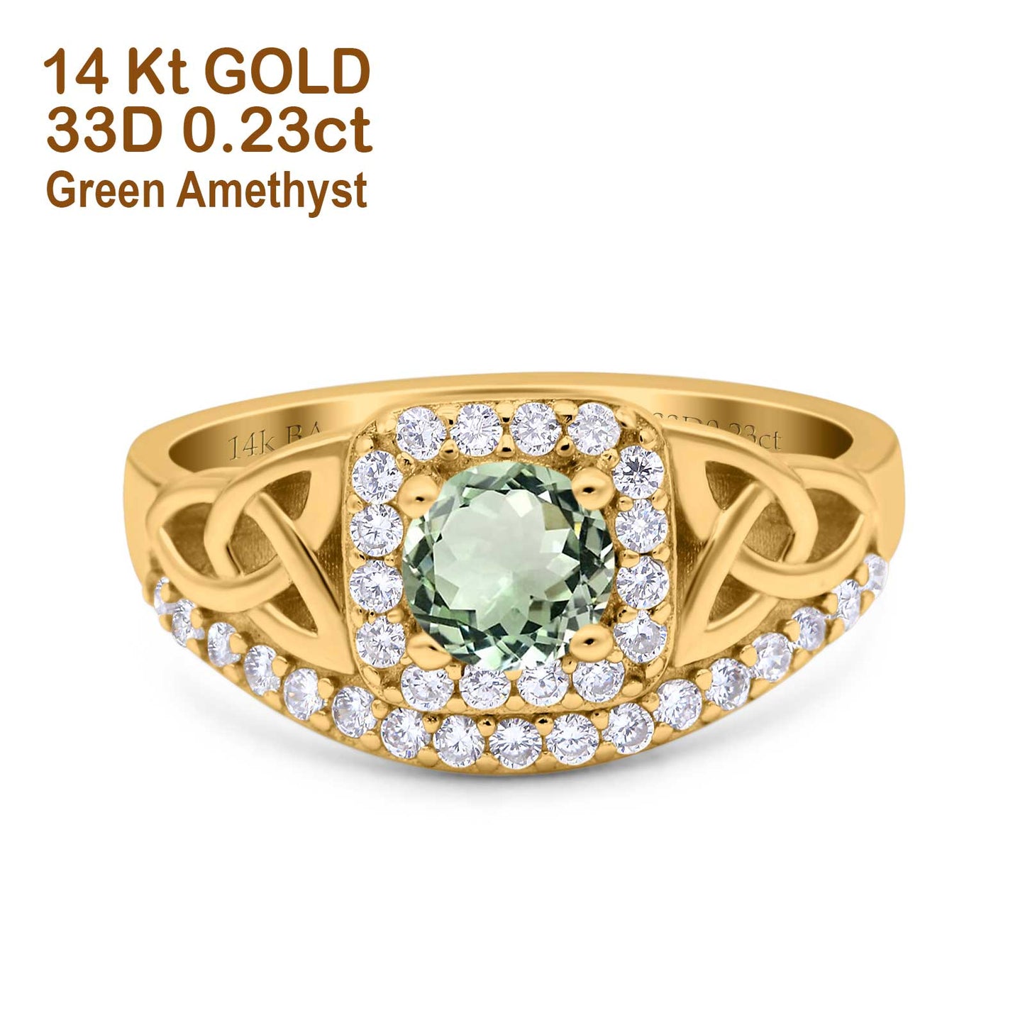 14K Yellow Gold 0.69ct Round Art Deco 5mm G SI Natural Green Amethyst Diamond Engagement Wedding Ring Size 6.5