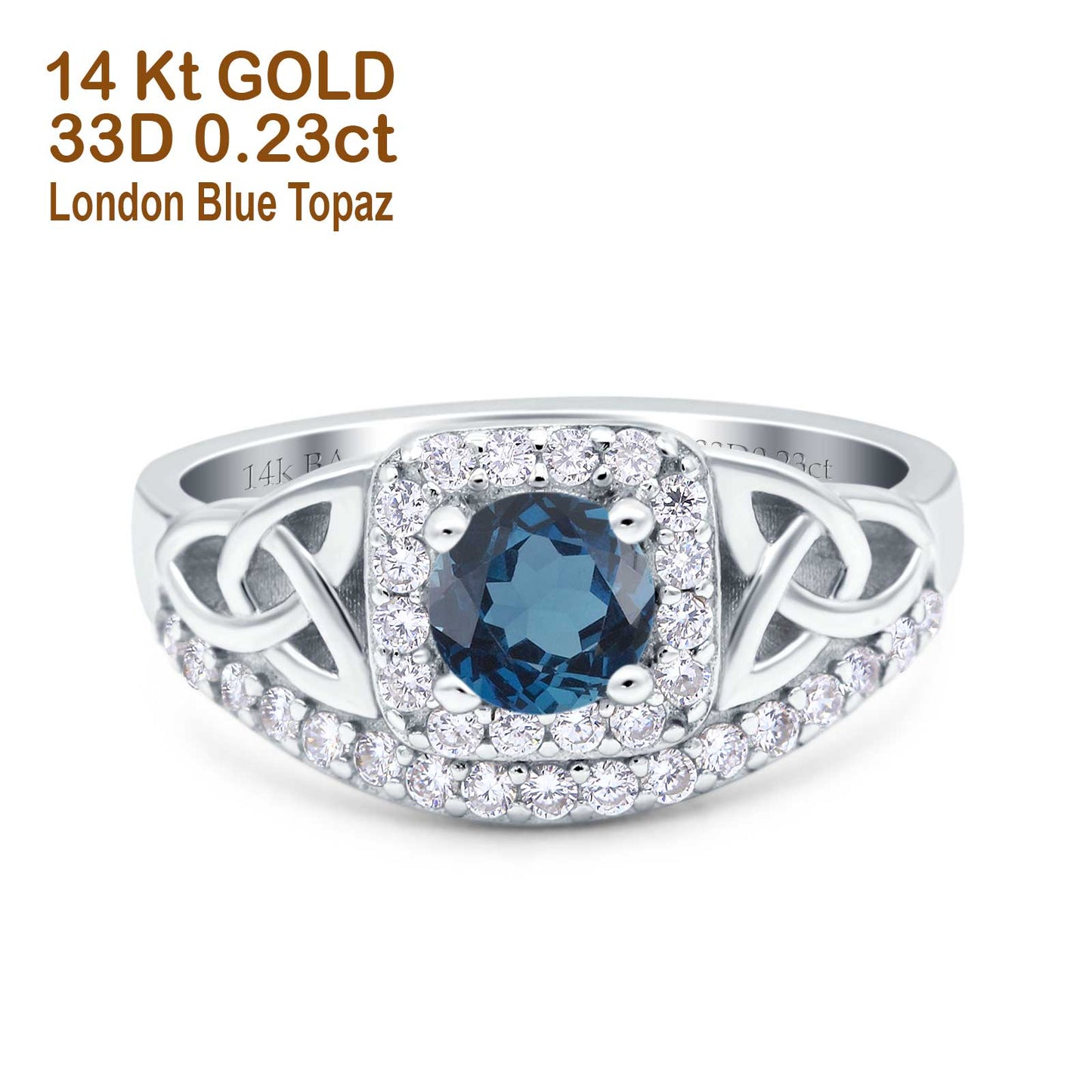 14K White Gold 0.69ct Round Art Deco 5mm G SI London Blue Topaz Diamond Engagement Wedding Ring Size 6.5