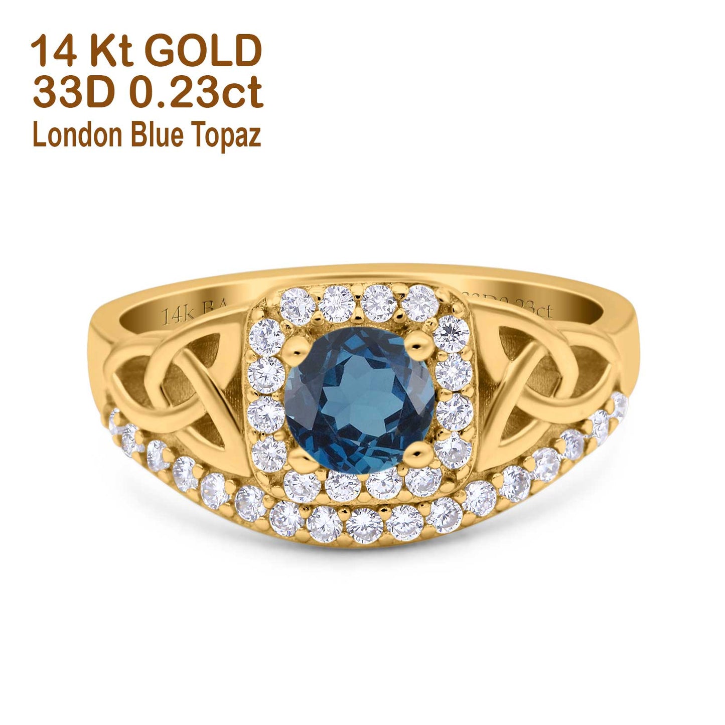 14K Yellow Gold 0.69ct Round Art Deco 5mm G SI London Blue Topaz Diamond Engagement Wedding Ring Size 6.5