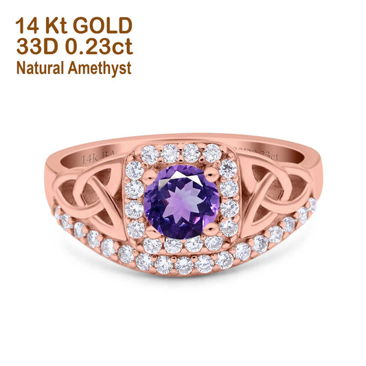 14K Rose Gold 0.69ct Round Art Deco 5mm G SI Natural Amethyst Diamond Engagement Wedding Ring Size 6.5