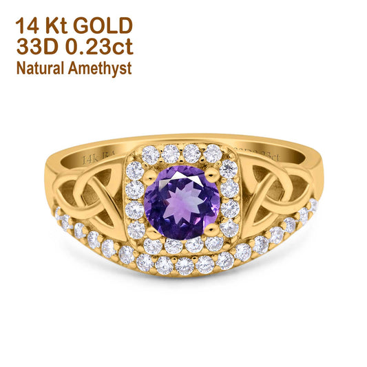 14K Yellow Gold 0.69ct Round Art Deco 5mm G SI Natural Amethyst Diamond Engagement Wedding Ring Size 6.5