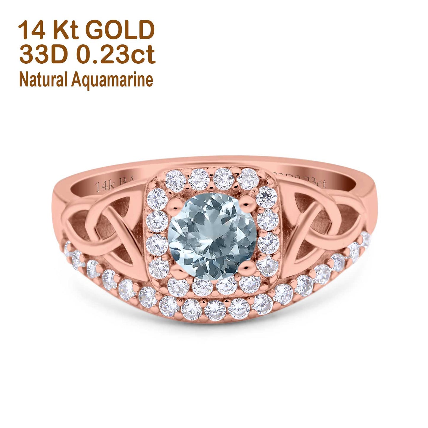 14K Rose Gold 0.69ct Round Art Deco 5mm G SI Natural Aquamarine Diamond Engagement Wedding Ring Size 6.5