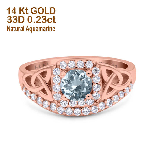 14K Rose Gold 0.69ct Round Art Deco 5mm G SI Natural Aquamarine Diamond Engagement Wedding Ring Size 6.5