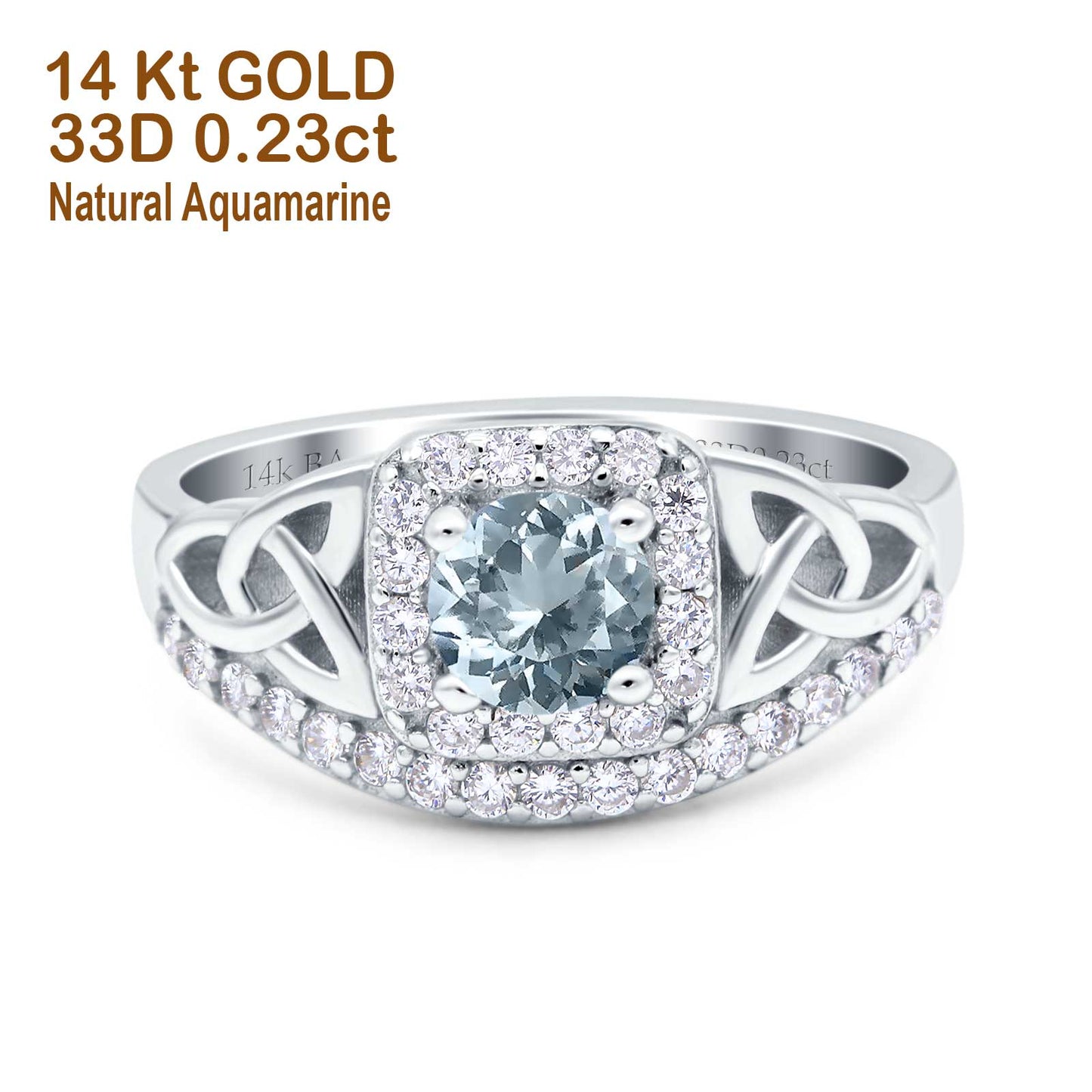 14K White Gold 0.69ct Round Art Deco 5mm G SI Natural Aquamarine Diamond Engagement Wedding Ring Size 6.5